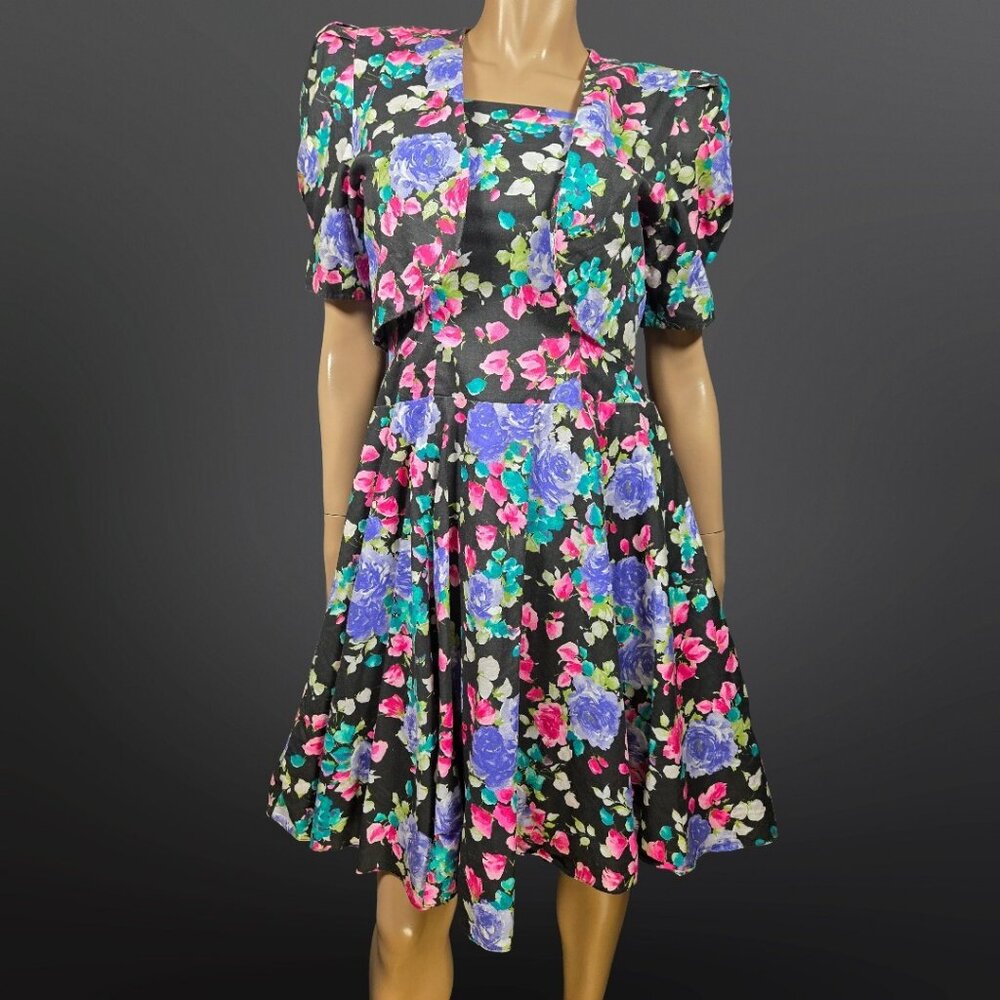 Vintage 80 Dark Floral Swing Dress With Bolero Jacket Size S Romantic Feminine